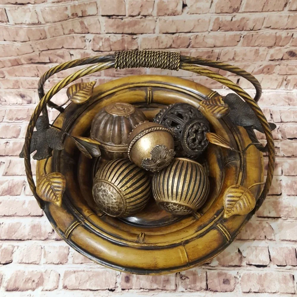 Decorative Metal Basket With Birds and Leaves 5 Balls Included